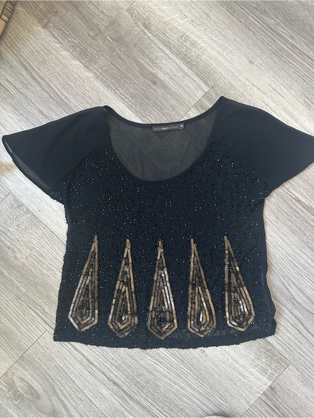 Beaded Black Short Sleeve Scoop Neck Top